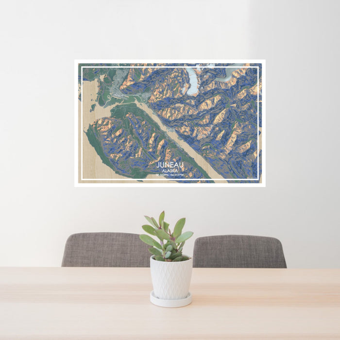 24x36 Juneau Alaska Map Print Lanscape Orientation in Afternoon Style Behind 2 Chairs Table and Potted Plant