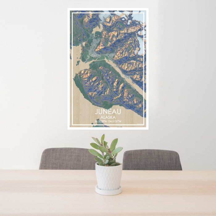 24x36 Juneau Alaska Map Print Portrait Orientation in Afternoon Style Behind 2 Chairs Table and Potted Plant