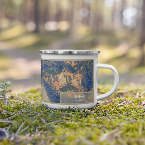 Right View Custom Juneau Alaska Map Enamel Mug in Afternoon on Grass With Trees in Background