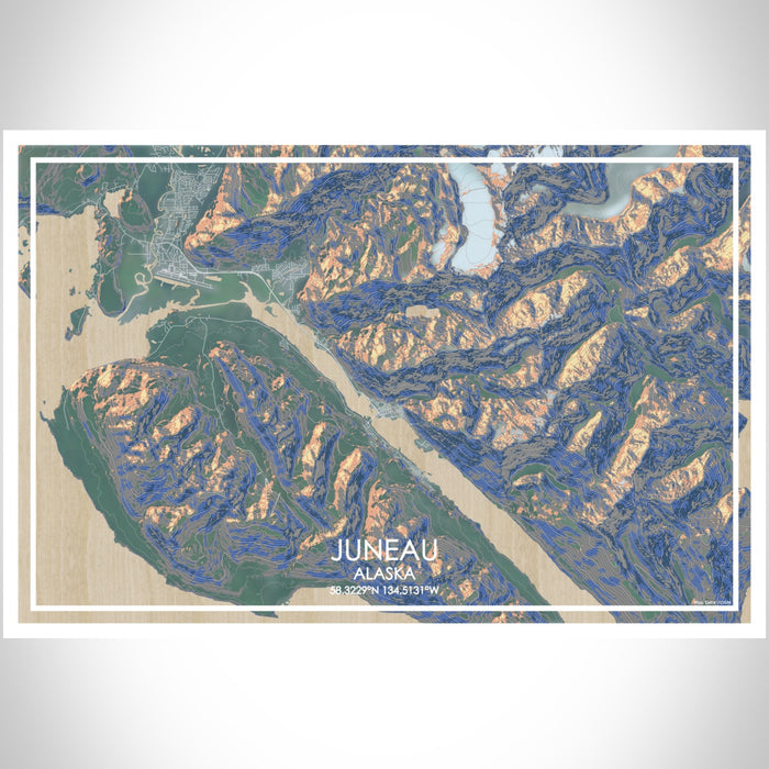 Juneau Alaska Map Print Landscape Orientation in Afternoon Style With Shaded Background