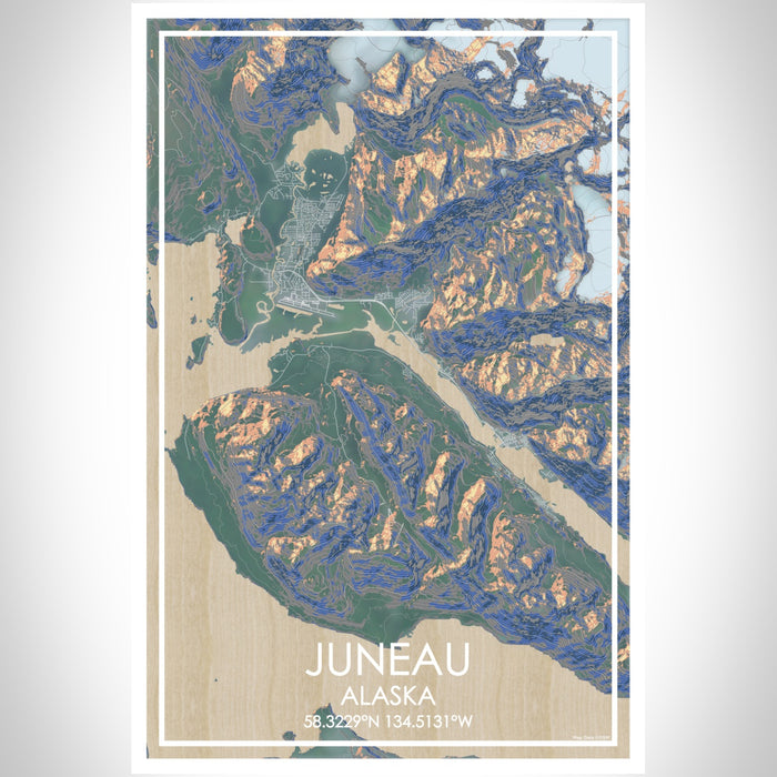 Juneau Alaska Map Print Portrait Orientation in Afternoon Style With Shaded Background