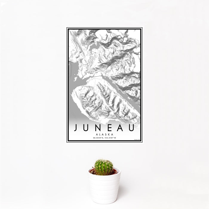 12x18 Juneau Alaska Map Print Portrait Orientation in Classic Style With Small Cactus Plant in White Planter