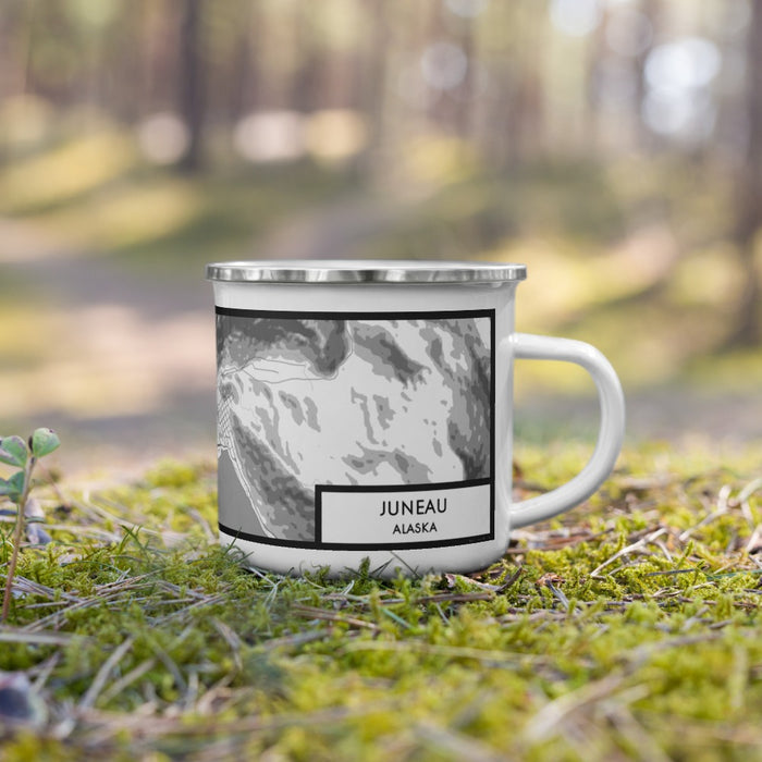 Right View Custom Juneau Alaska Map Enamel Mug in Classic on Grass With Trees in Background