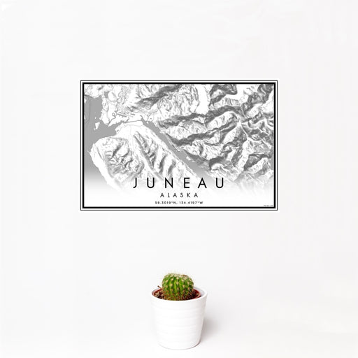 12x18 Juneau Alaska Map Print Landscape Orientation in Classic Style With Small Cactus Plant in White Planter