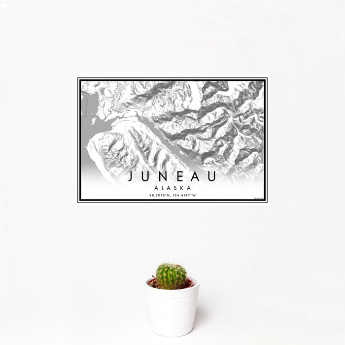 12x18 Juneau Alaska Map Print Landscape Orientation in Classic Style With Small Cactus Plant in White Planter