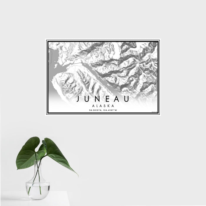 16x24 Juneau Alaska Map Print Landscape Orientation in Classic Style With Tropical Plant Leaves in Water