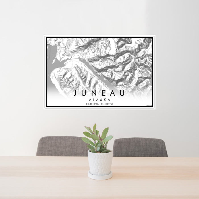 24x36 Juneau Alaska Map Print Landscape Orientation in Classic Style Behind 2 Chairs Table and Potted Plant