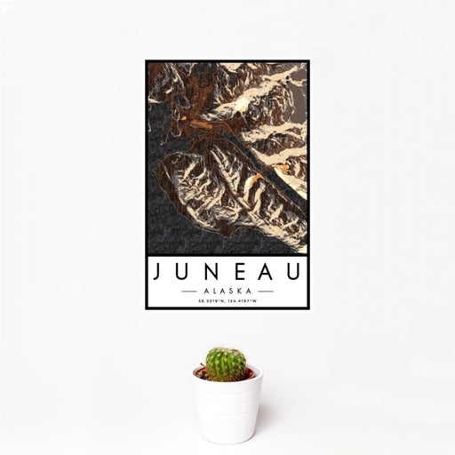 12x18 Juneau Alaska Map Print Portrait Orientation in Ember Style With Small Cactus Plant in White Planter