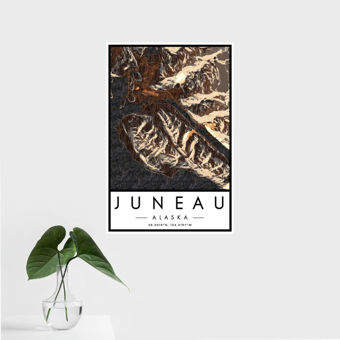 16x24 Juneau Alaska Map Print Portrait Orientation in Ember Style With Tropical Plant Leaves in Water