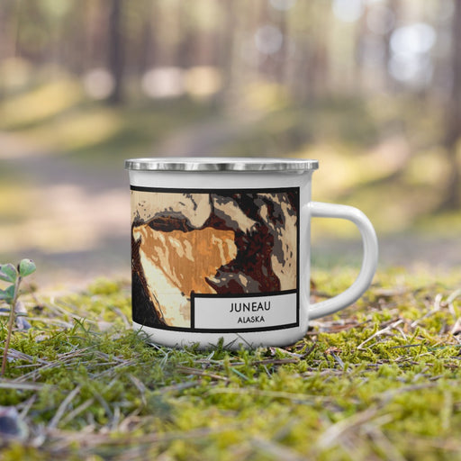 Right View Custom Juneau Alaska Map Enamel Mug in Ember on Grass With Trees in Background