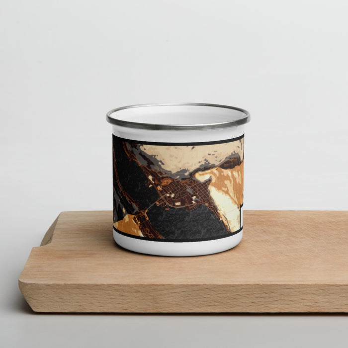 Front View Custom Juneau Alaska Map Enamel Mug in Ember on Cutting Board