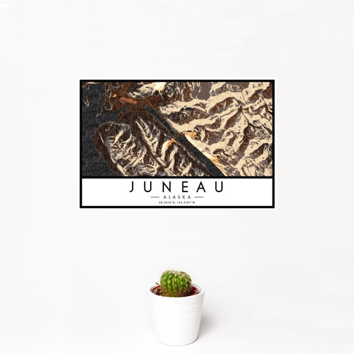 12x18 Juneau Alaska Map Print Landscape Orientation in Ember Style With Small Cactus Plant in White Planter