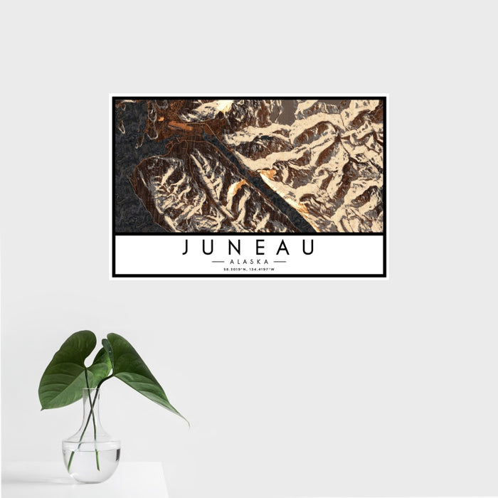 16x24 Juneau Alaska Map Print Landscape Orientation in Ember Style With Tropical Plant Leaves in Water