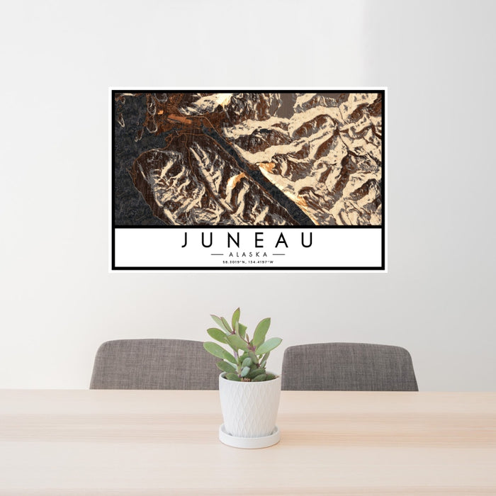 24x36 Juneau Alaska Map Print Landscape Orientation in Ember Style Behind 2 Chairs Table and Potted Plant