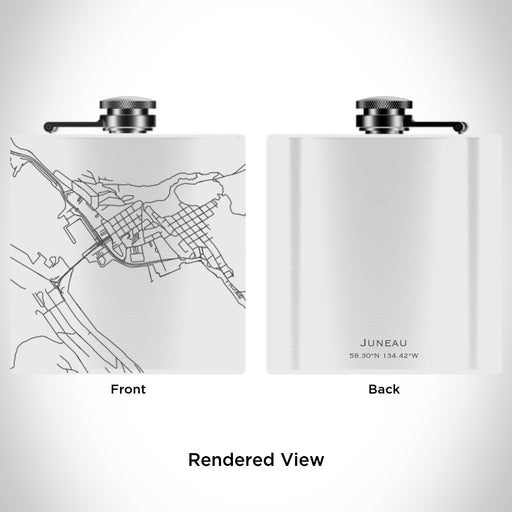 Rendered View of Juneau Alaska Map Engraving on 6oz Stainless Steel Flask in White