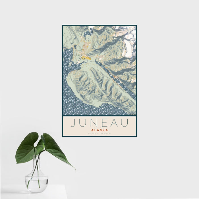 16x24 Juneau Alaska Map Print Portrait Orientation in Woodblock Style With Tropical Plant Leaves in Water