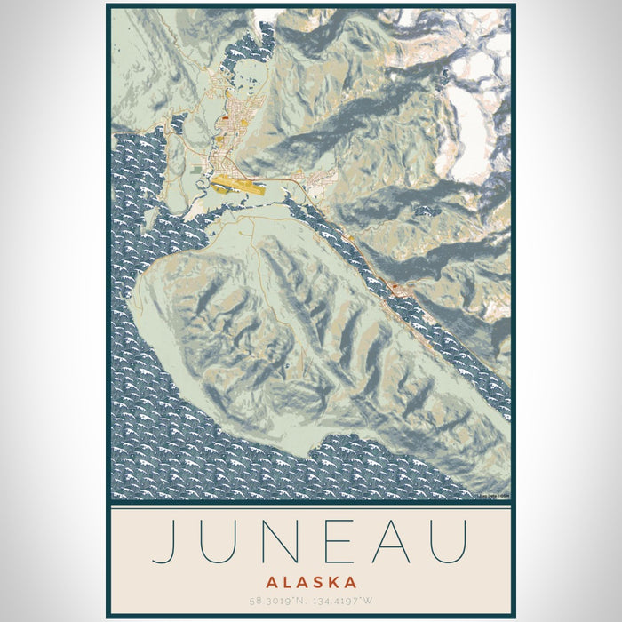 Juneau Alaska Map Print Portrait Orientation in Woodblock Style With Shaded Background