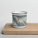 Front View Custom Juneau Alaska Map Enamel Mug in Woodblock on Cutting Board