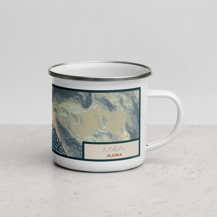 Right View Custom Juneau Alaska Map Enamel Mug in Woodblock