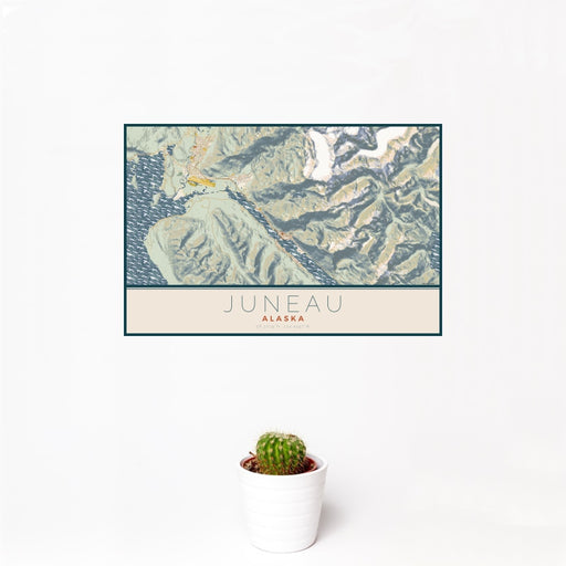 12x18 Juneau Alaska Map Print Landscape Orientation in Woodblock Style With Small Cactus Plant in White Planter
