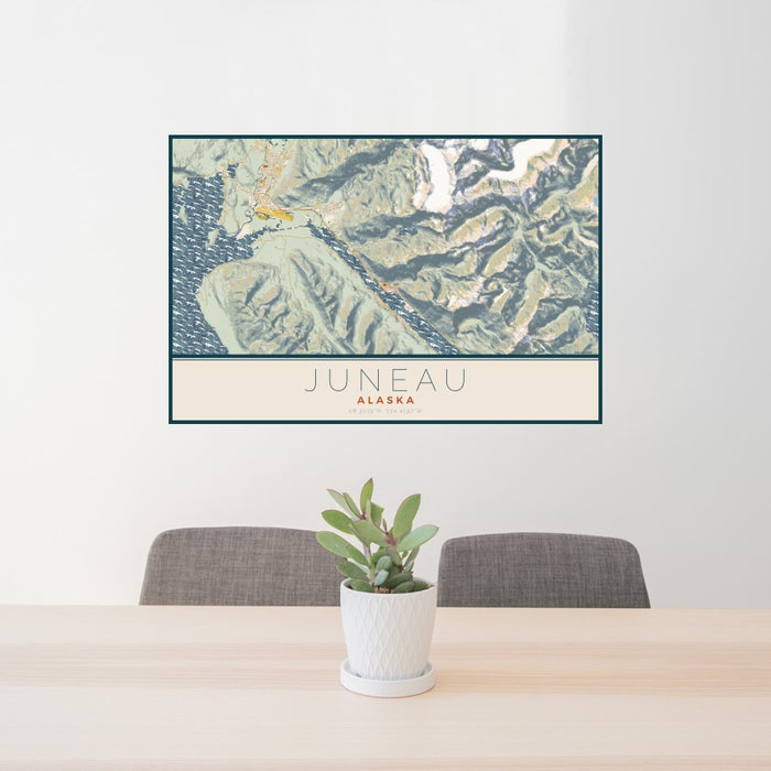 24x36 Juneau Alaska Map Print Landscape Orientation in Woodblock Style Behind 2 Chairs Table and Potted Plant