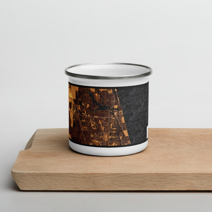 Front View Custom Jupiter Florida Map Enamel Mug in Ember on Cutting Board