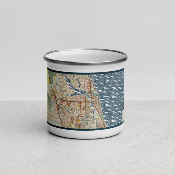 Front View Custom Jupiter Florida Map Enamel Mug in Woodblock