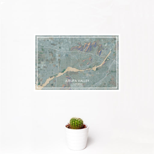 12x18 Jurupa Valley California Map Print Landscape Orientation in Afternoon Style With Small Cactus Plant in White Planter