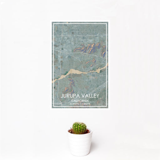 12x18 Jurupa Valley California Map Print Portrait Orientation in Afternoon Style With Small Cactus Plant in White Planter
