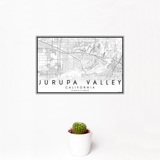 12x18 Jurupa Valley California Map Print Landscape Orientation in Classic Style With Small Cactus Plant in White Planter