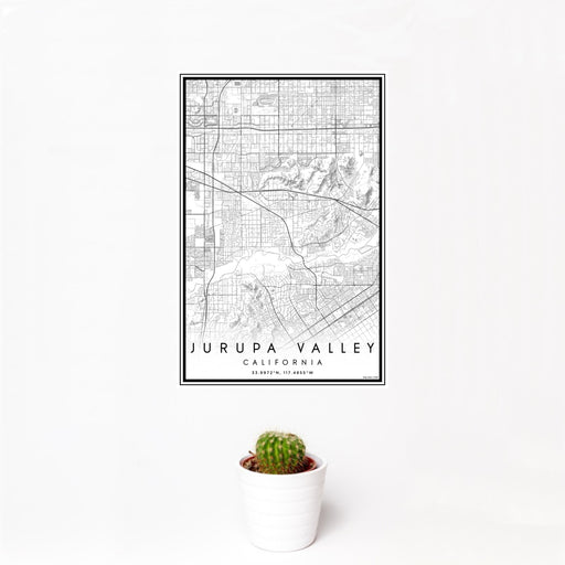 12x18 Jurupa Valley California Map Print Portrait Orientation in Classic Style With Small Cactus Plant in White Planter
