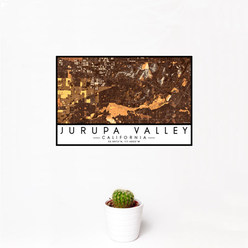 12x18 Jurupa Valley California Map Print Landscape Orientation in Ember Style With Small Cactus Plant in White Planter