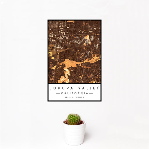12x18 Jurupa Valley California Map Print Portrait Orientation in Ember Style With Small Cactus Plant in White Planter