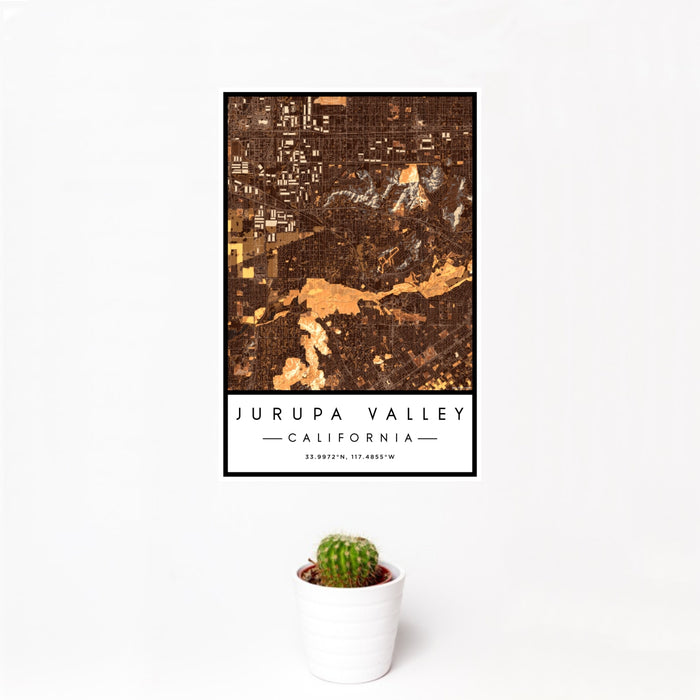 12x18 Jurupa Valley California Map Print Portrait Orientation in Ember Style With Small Cactus Plant in White Planter