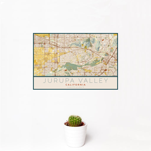 12x18 Jurupa Valley California Map Print Landscape Orientation in Woodblock Style With Small Cactus Plant in White Planter