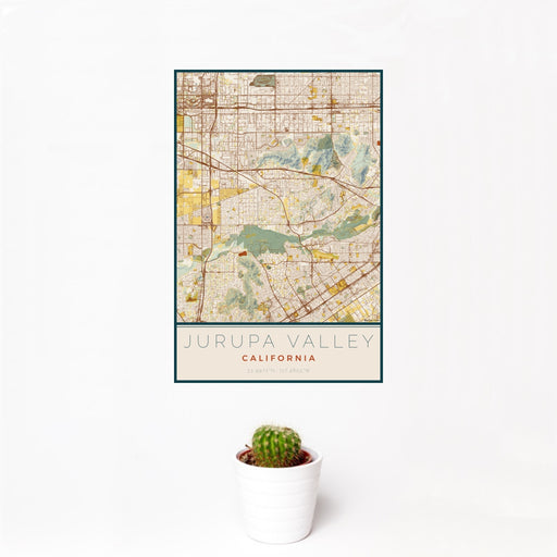 12x18 Jurupa Valley California Map Print Portrait Orientation in Woodblock Style With Small Cactus Plant in White Planter