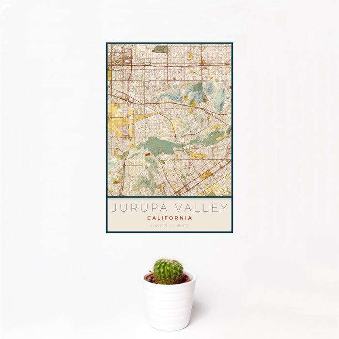 12x18 Jurupa Valley California Map Print Portrait Orientation in Woodblock Style With Small Cactus Plant in White Planter