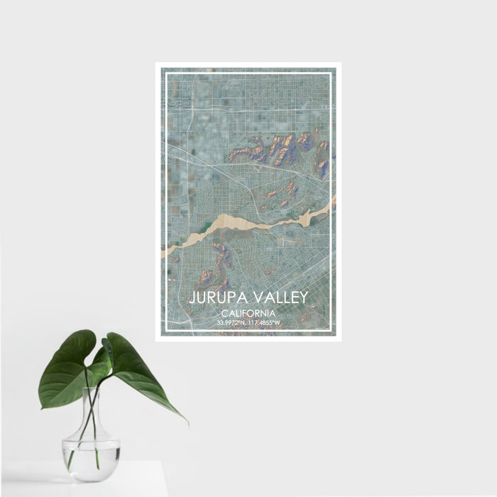 16x24 Jurupa Valley California Map Print Portrait Orientation in Afternoon Style With Tropical Plant Leaves in Water