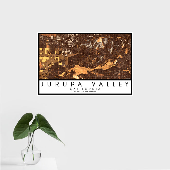 16x24 Jurupa Valley California Map Print Landscape Orientation in Ember Style With Tropical Plant Leaves in Water