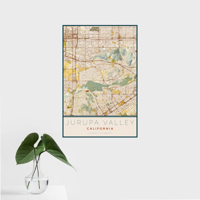 16x24 Jurupa Valley California Map Print Portrait Orientation in Woodblock Style With Tropical Plant Leaves in Water