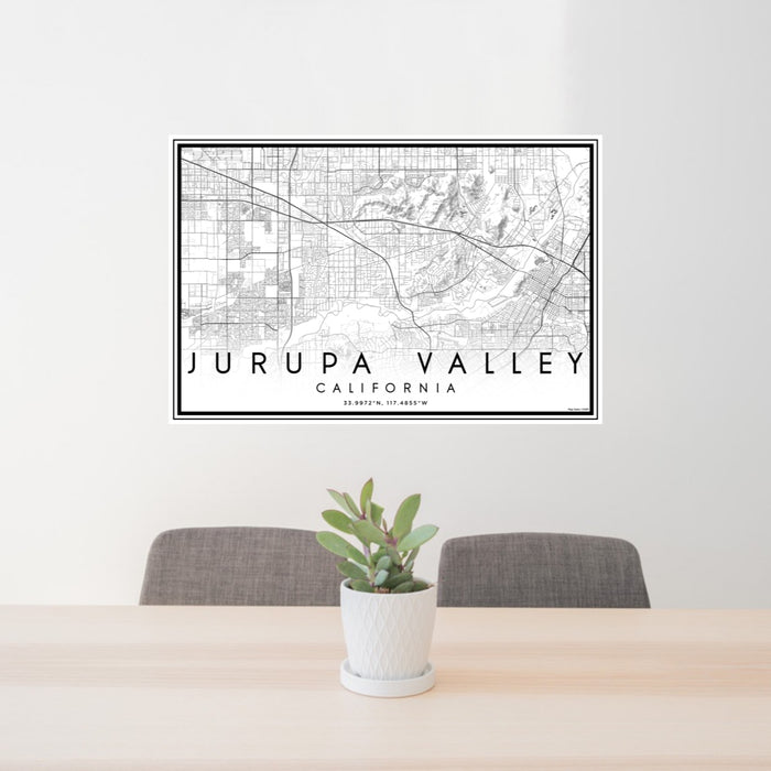 24x36 Jurupa Valley California Map Print Lanscape Orientation in Classic Style Behind 2 Chairs Table and Potted Plant