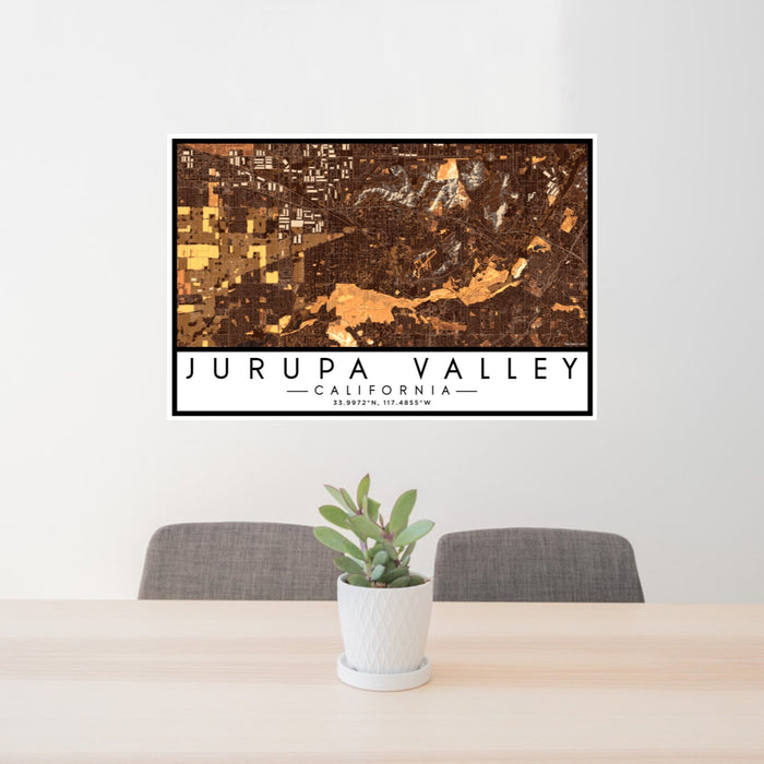 24x36 Jurupa Valley California Map Print Lanscape Orientation in Ember Style Behind 2 Chairs Table and Potted Plant