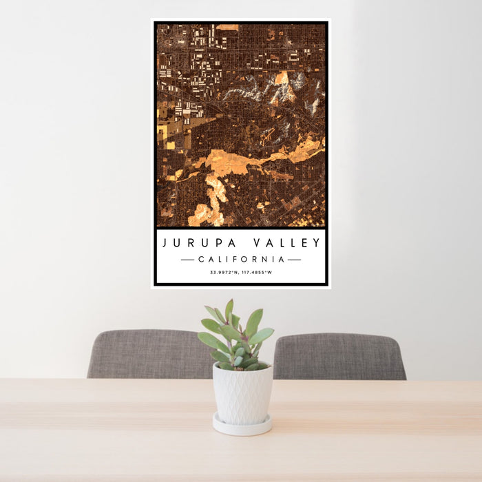 24x36 Jurupa Valley California Map Print Portrait Orientation in Ember Style Behind 2 Chairs Table and Potted Plant