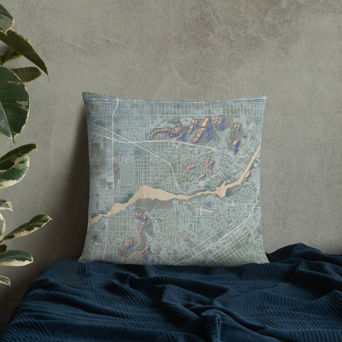 Custom Jurupa Valley California Map Throw Pillow in Afternoon on Bedding Against Wall
