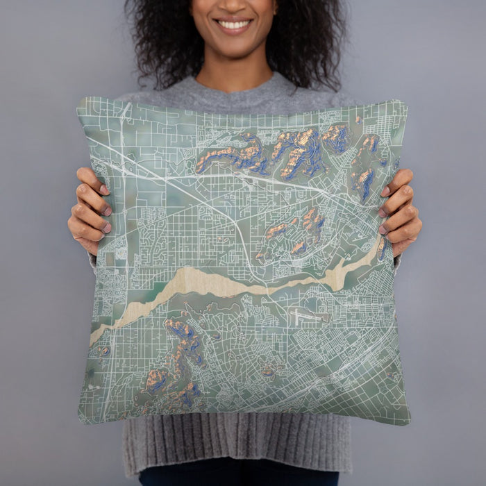 Person holding 18x18 Custom Jurupa Valley California Map Throw Pillow in Afternoon