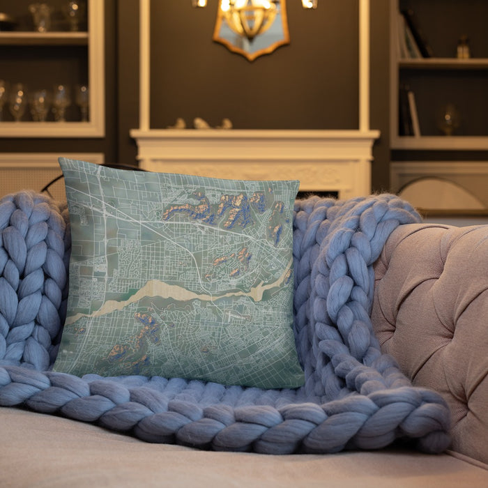 Custom Jurupa Valley California Map Throw Pillow in Afternoon on Cream Colored Couch