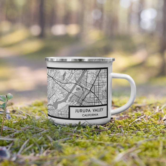 Right View Custom Jurupa Valley California Map Enamel Mug in Classic on Grass With Trees in Background