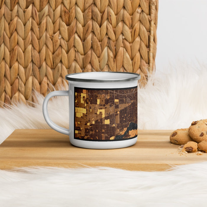 Left View Custom Jurupa Valley California Map Enamel Mug in Ember on Table Top