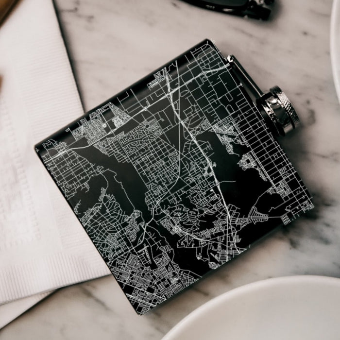 Jurupa Valley California Custom Engraved City Map Inscription Coordinates on 6oz Stainless Steel Flask in Black