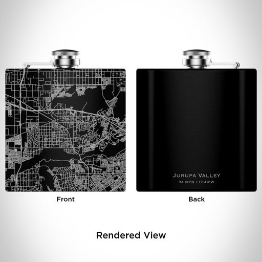 Rendered View of Jurupa Valley California Map Engraving on 6oz Stainless Steel Flask in Black